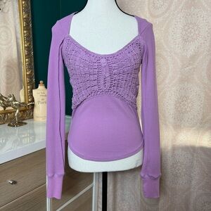 Free People Lavender Blouse Crochet Detail Thermal Material Size XS